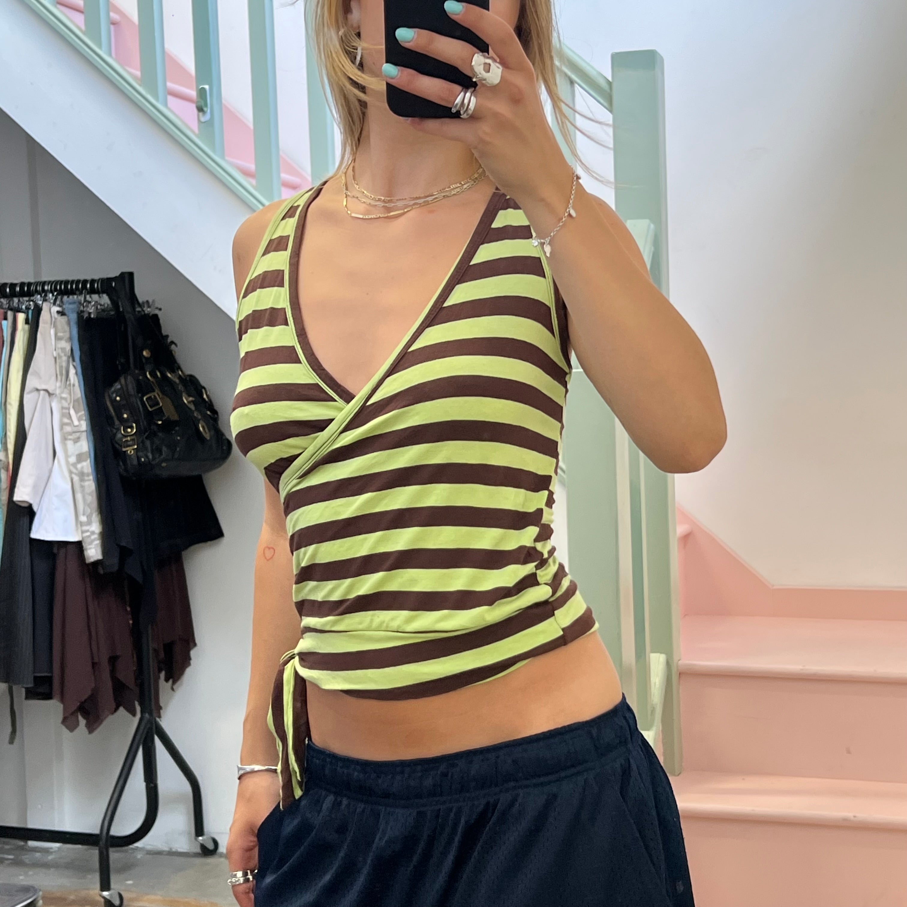 Green and brown striped v neck vest