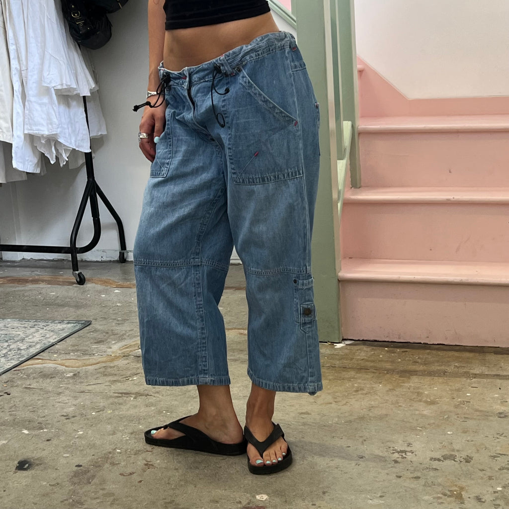 Blue wide leg baggy denim cargo capris