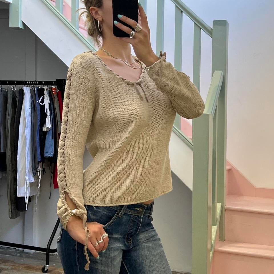 Cream lace up knitted sweater