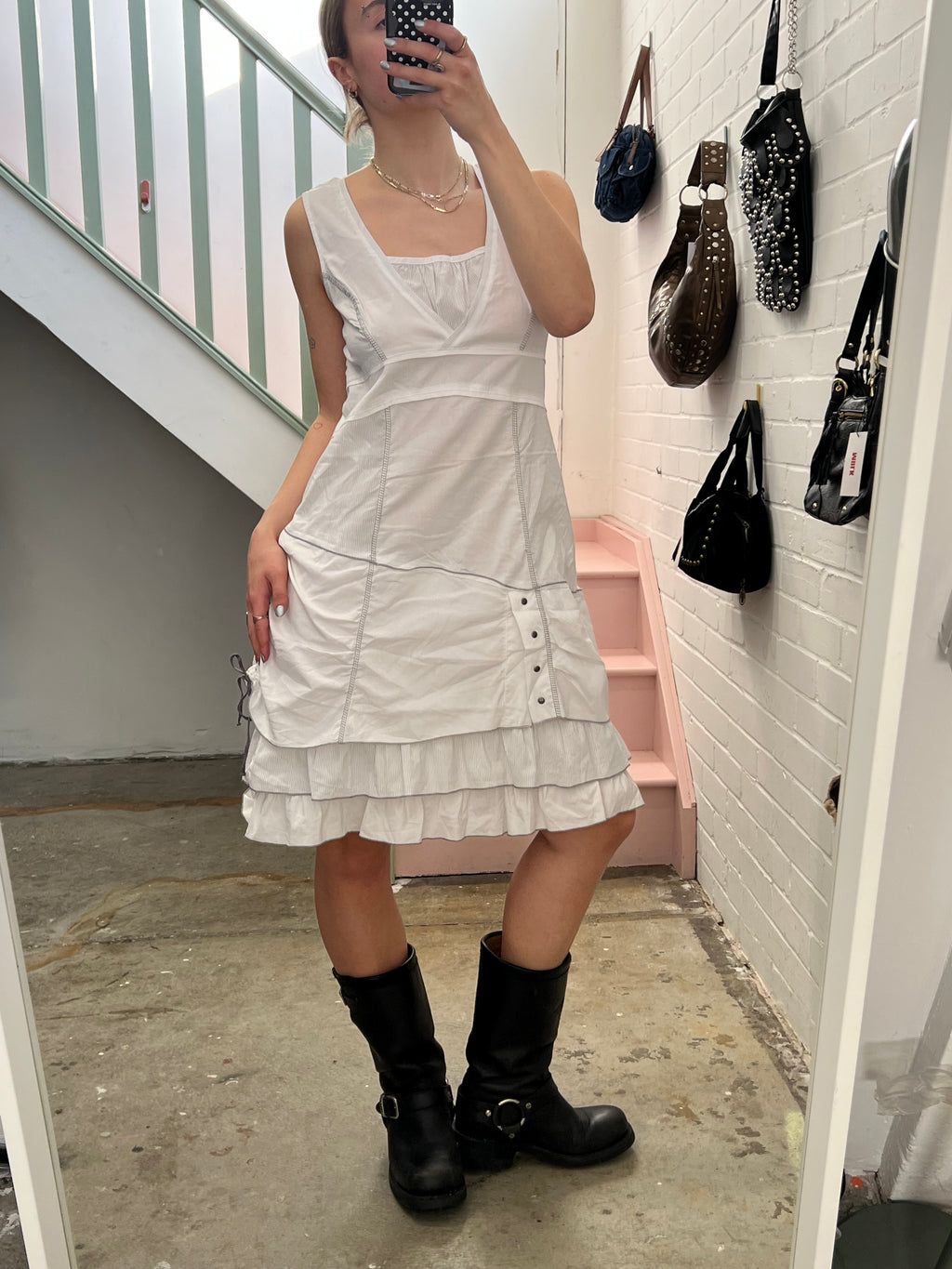 White layered utility style midi dress