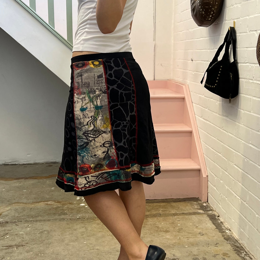 Black graphic print patchwork midi skirt