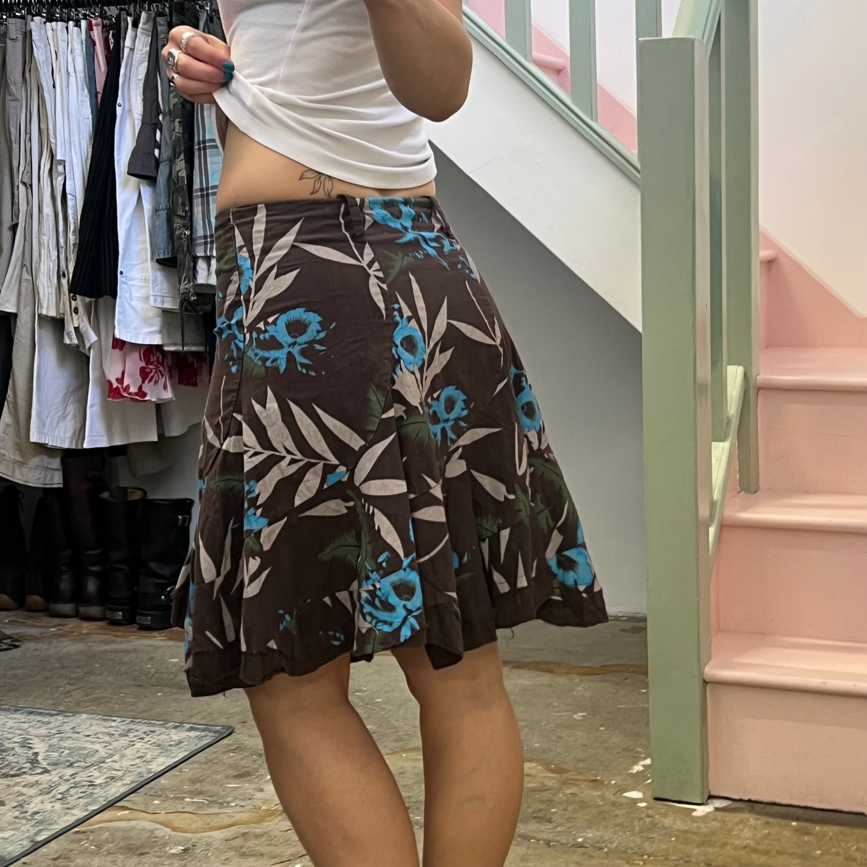 Brown blue and green floral pleated midi skirt