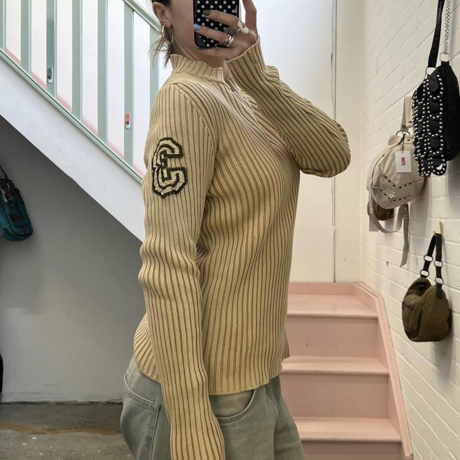 cream knitted high neck 1/4 zip ribbed vintage sweater with number print on sleeve