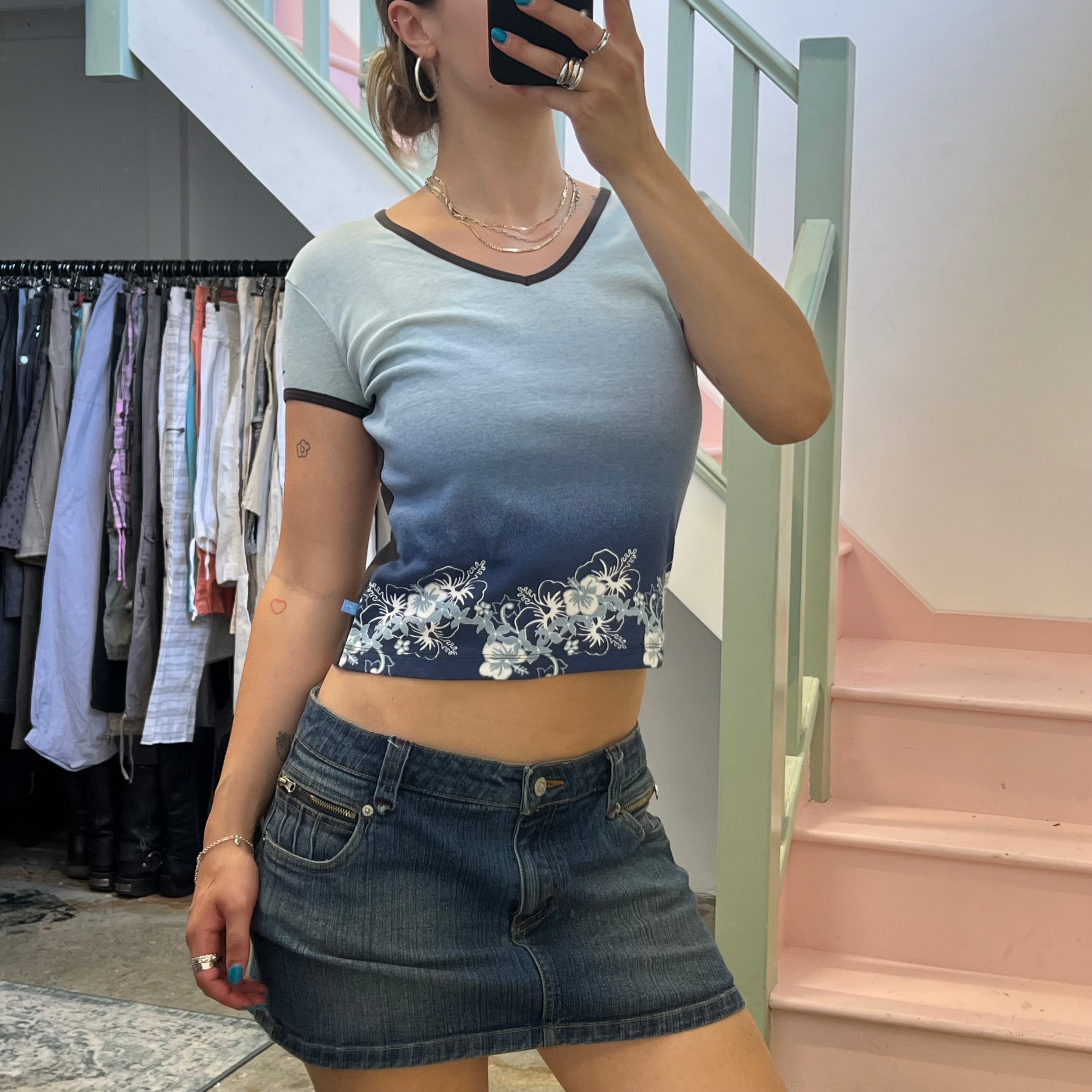 Blue hibiscus print baby tee