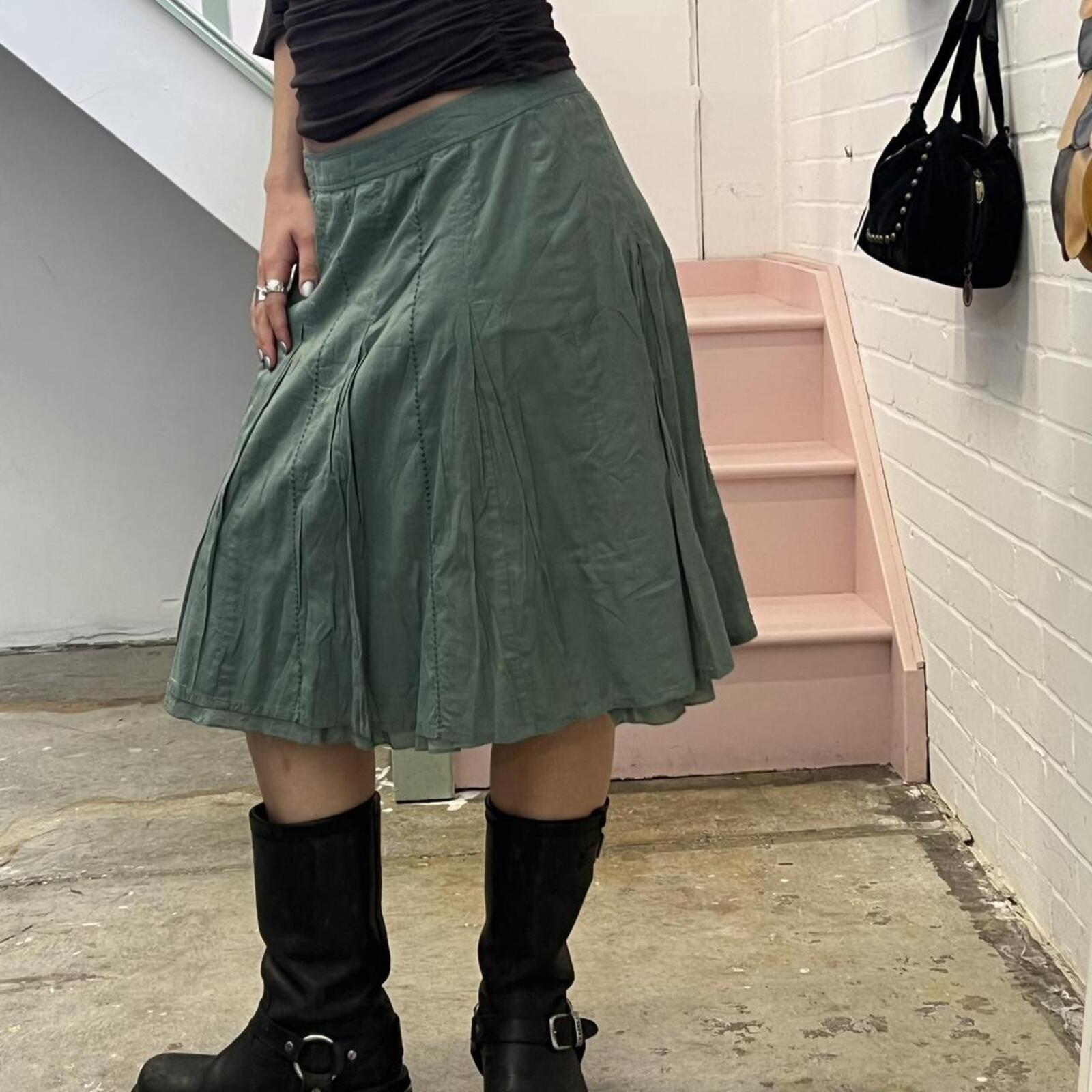 green teal pleated vintage cotton pleated midi skirt