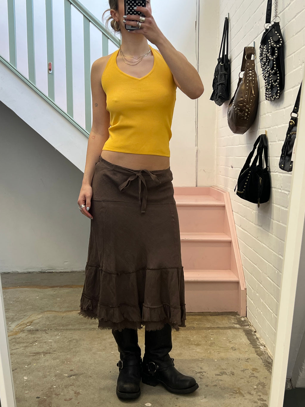 Brown linen ruffle maxi skirt