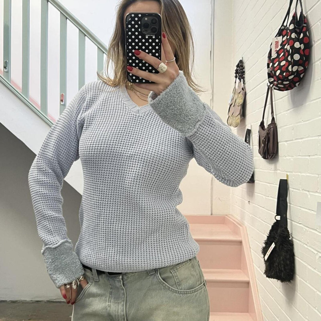 Baby blue chunky knit v neck vintage sweater