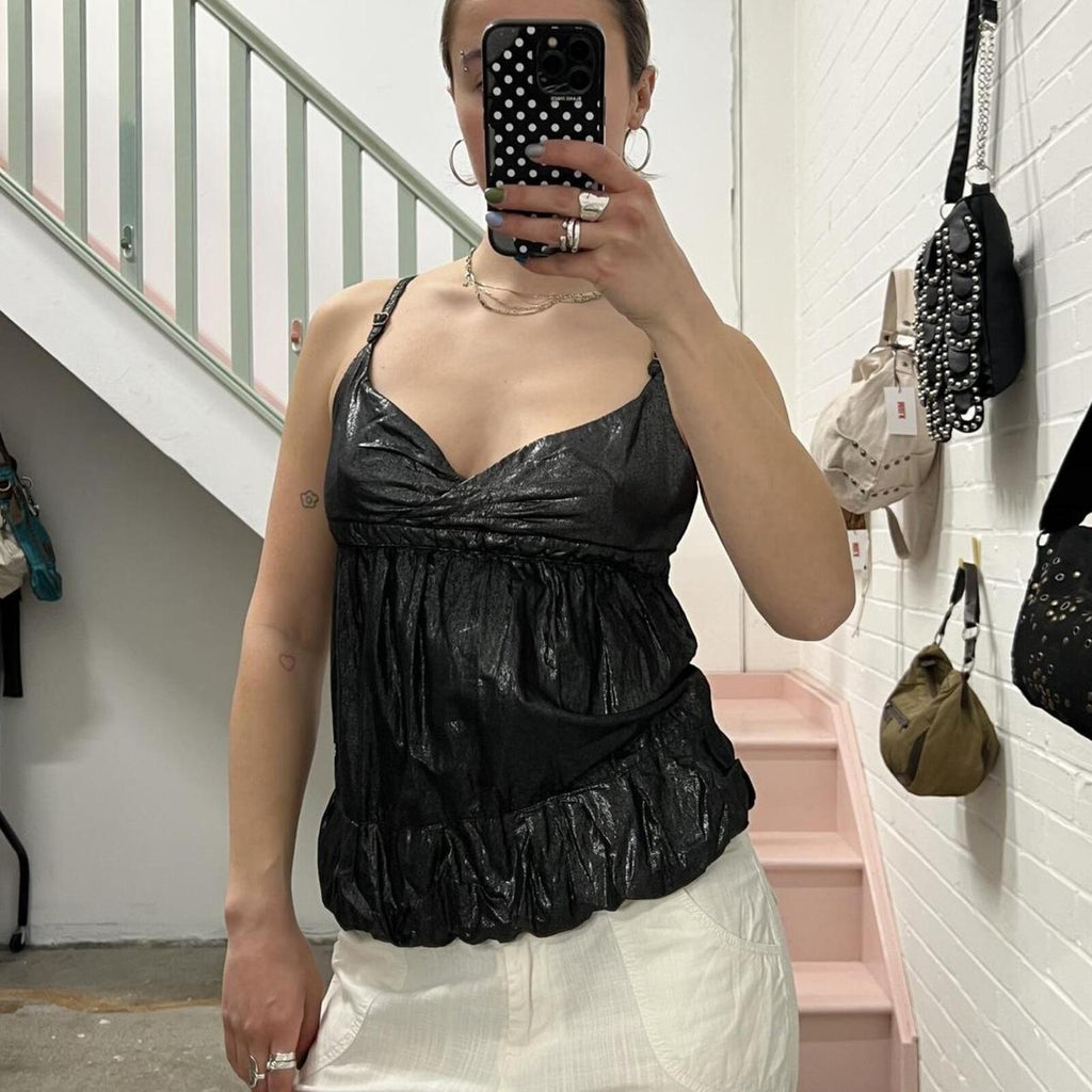 Black and silver metallic puffy vintage bubble style cami