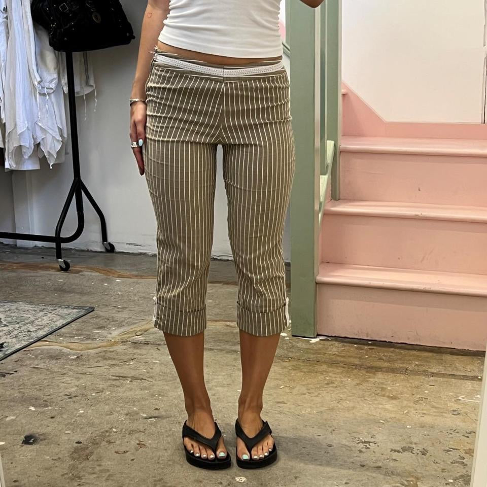 Cream and white pinstripe slim fit capris