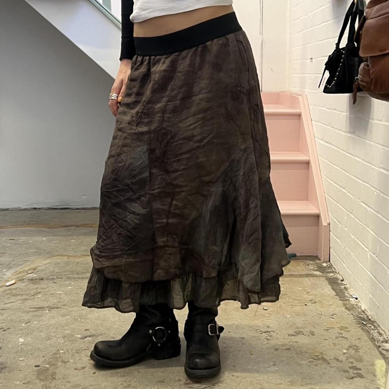brown and grey tie dye layered floaty vintage maxi skirt