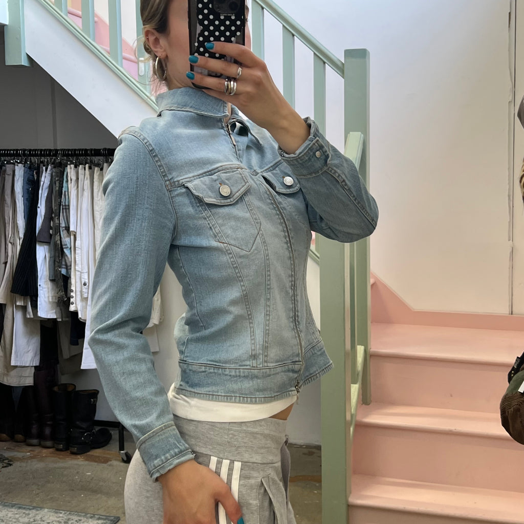 Light blue denim zip up fitted jacket