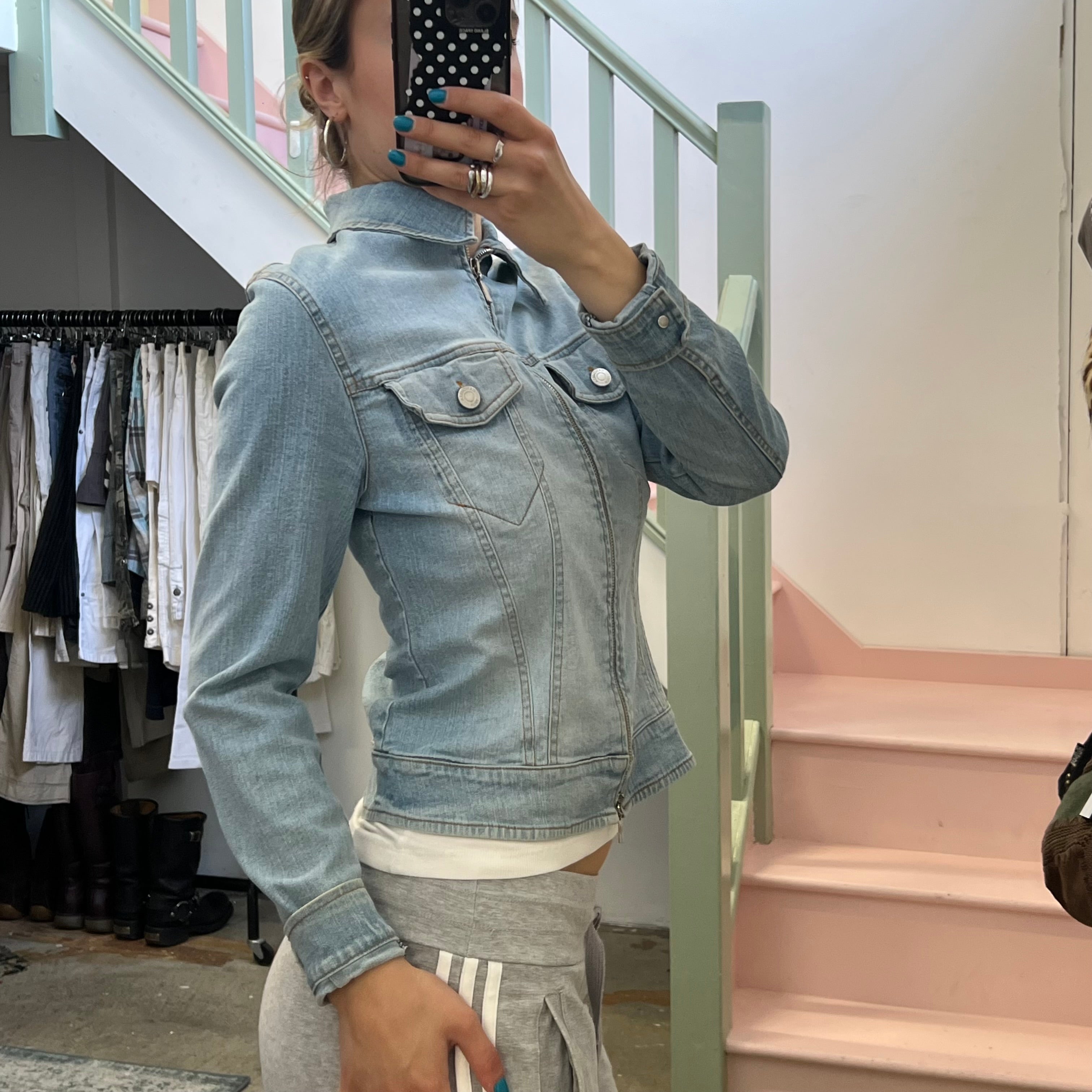Light blue denim zip up fitted jacket