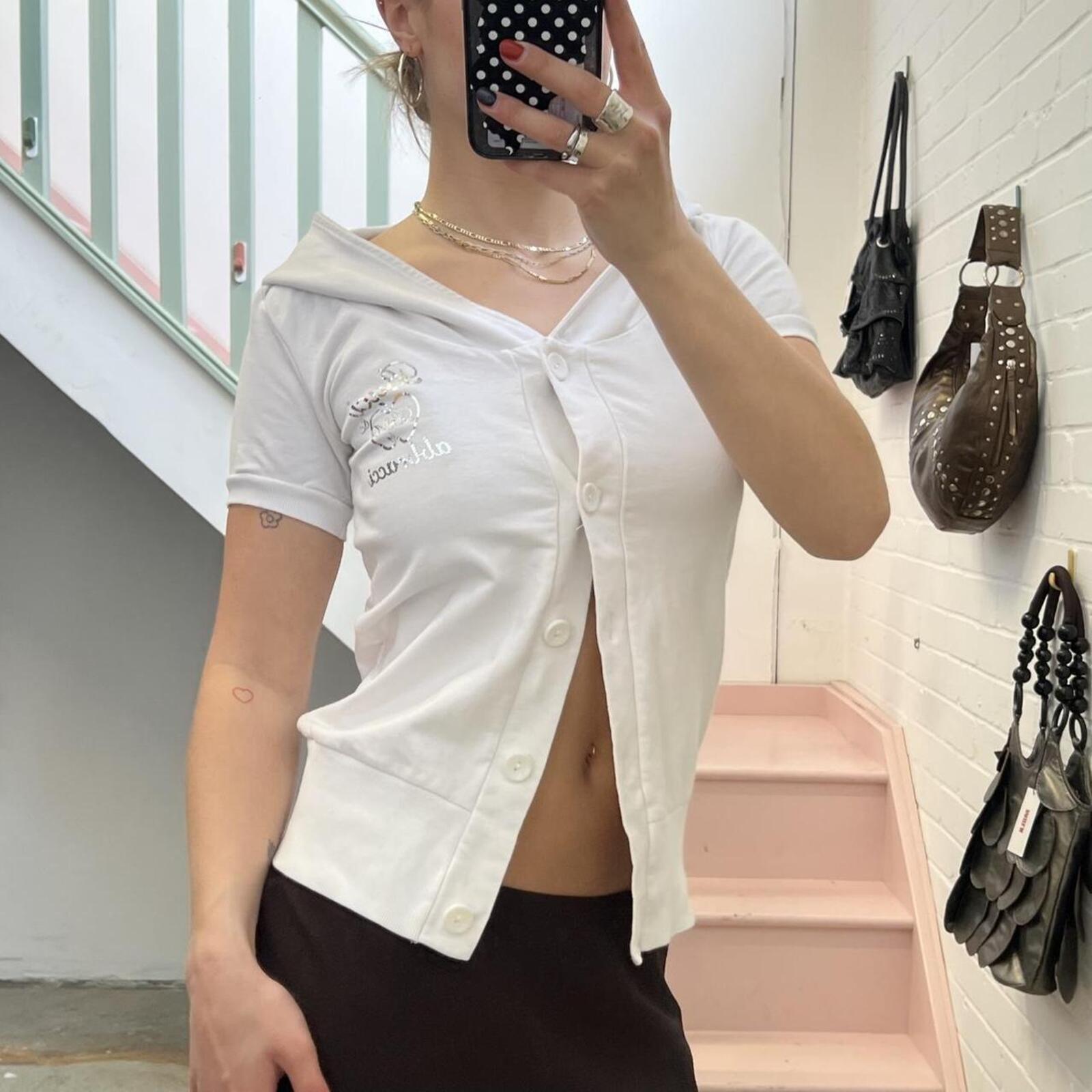 White vintage short sleeve button up hoodie
