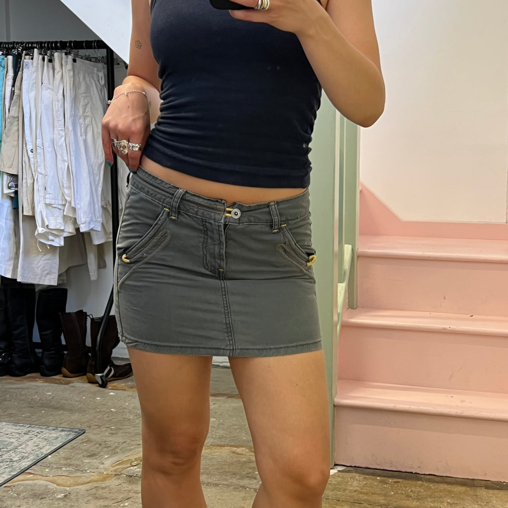Grey denim mini skirt with contrast stitching