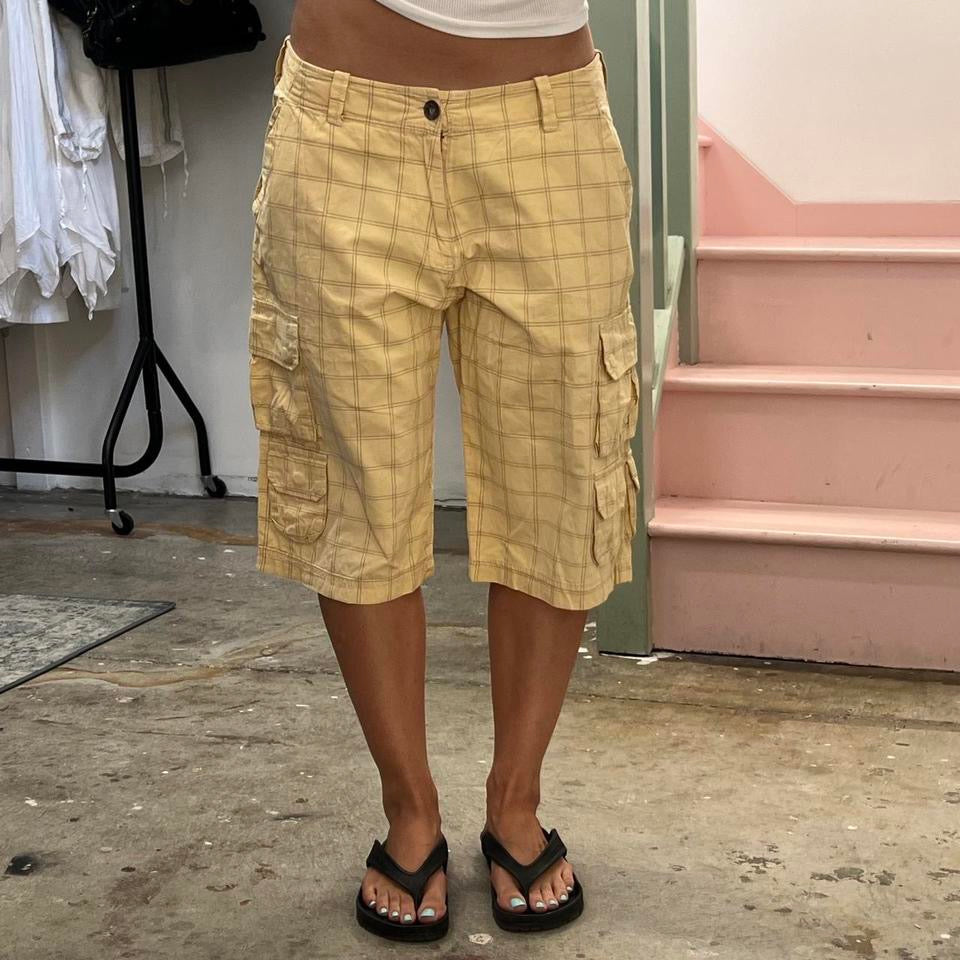Cream checkered cargo shorts