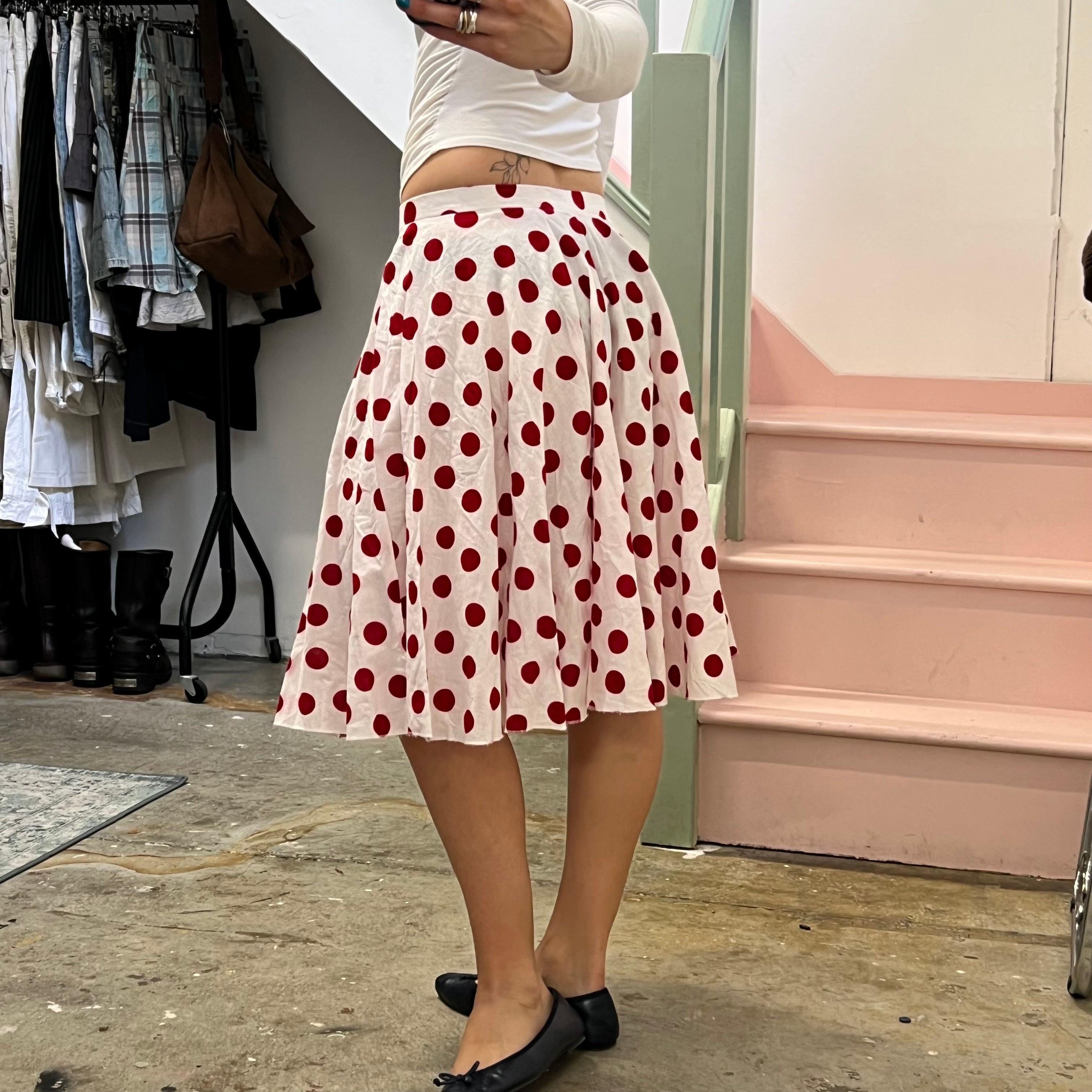 Red and white polka dot pleated midi skirt