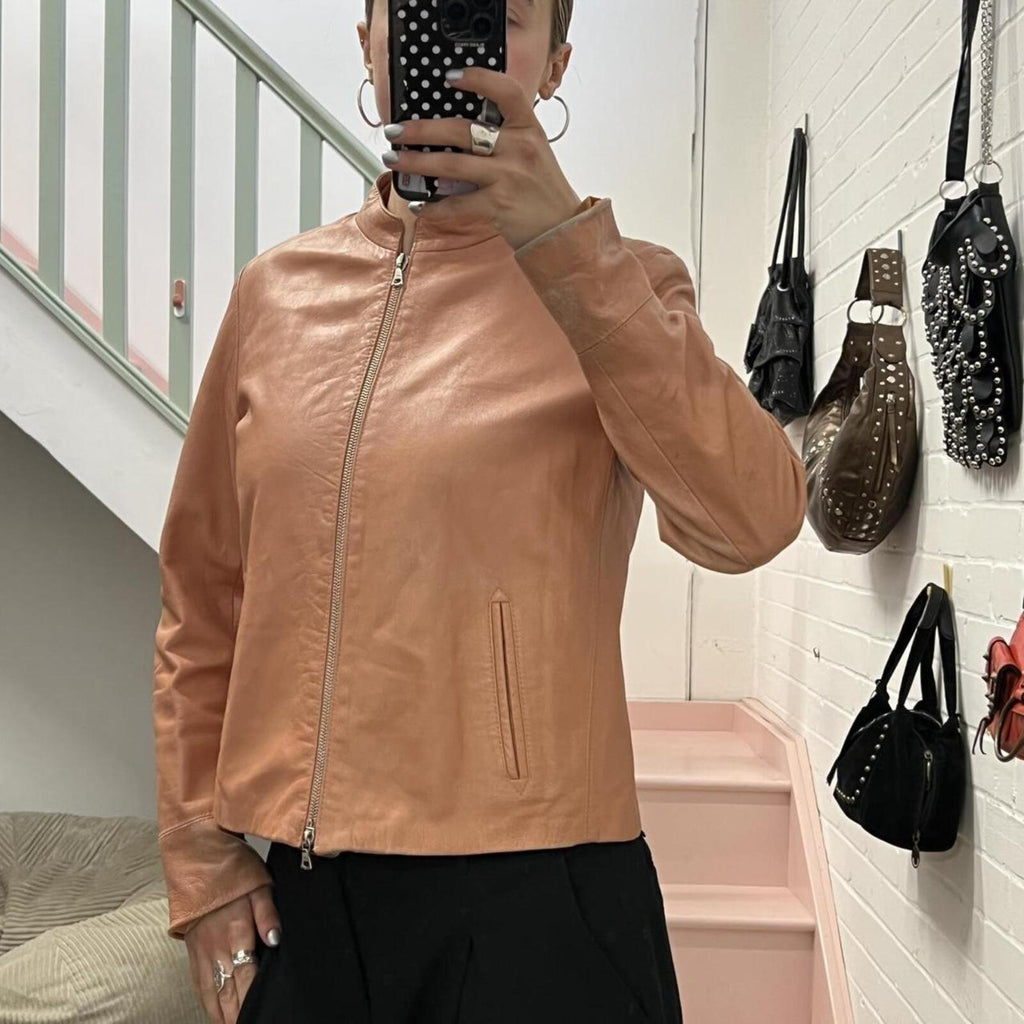baby pink dusty pink zip up fitted vintage leather jacket with dual zip
