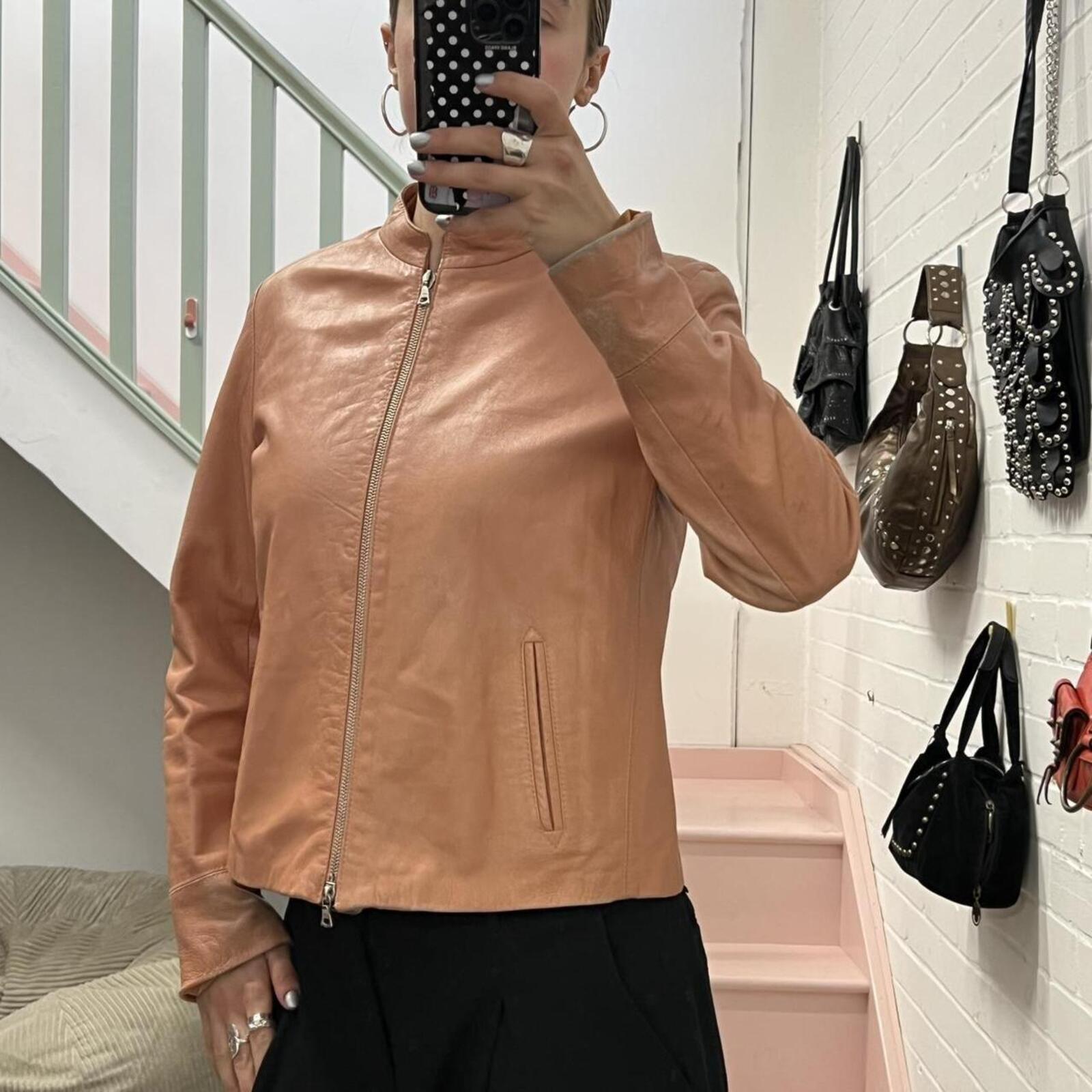 baby pink dusty pink zip up fitted vintage leather jacket with dual zip