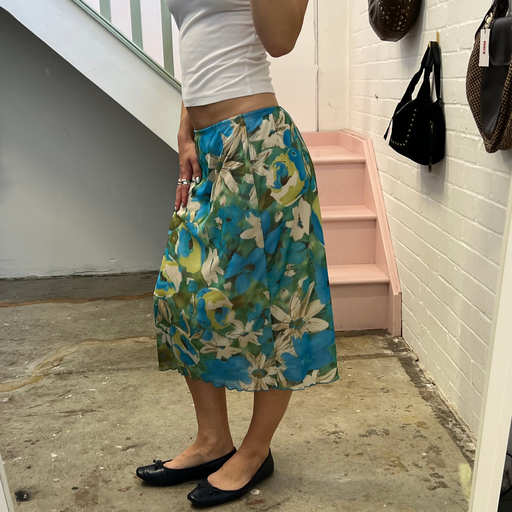 Blue and green floral mesh midi skirt