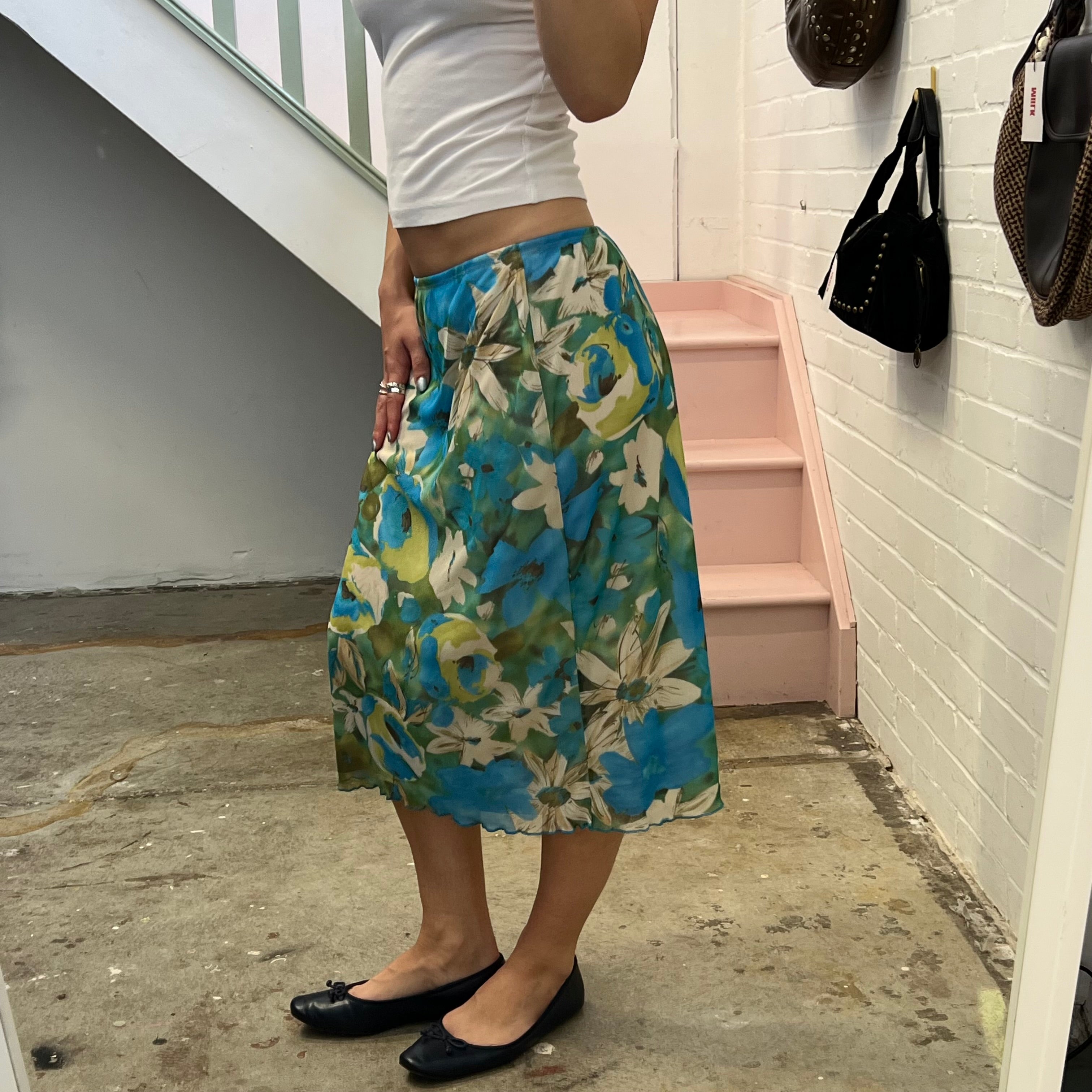 Blue and green floral mesh midi skirt