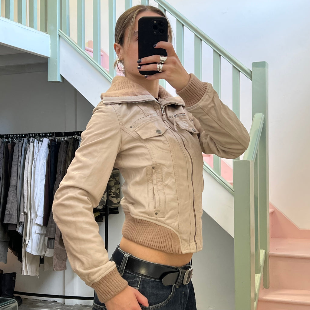 Cream fitted leather bomber jacket