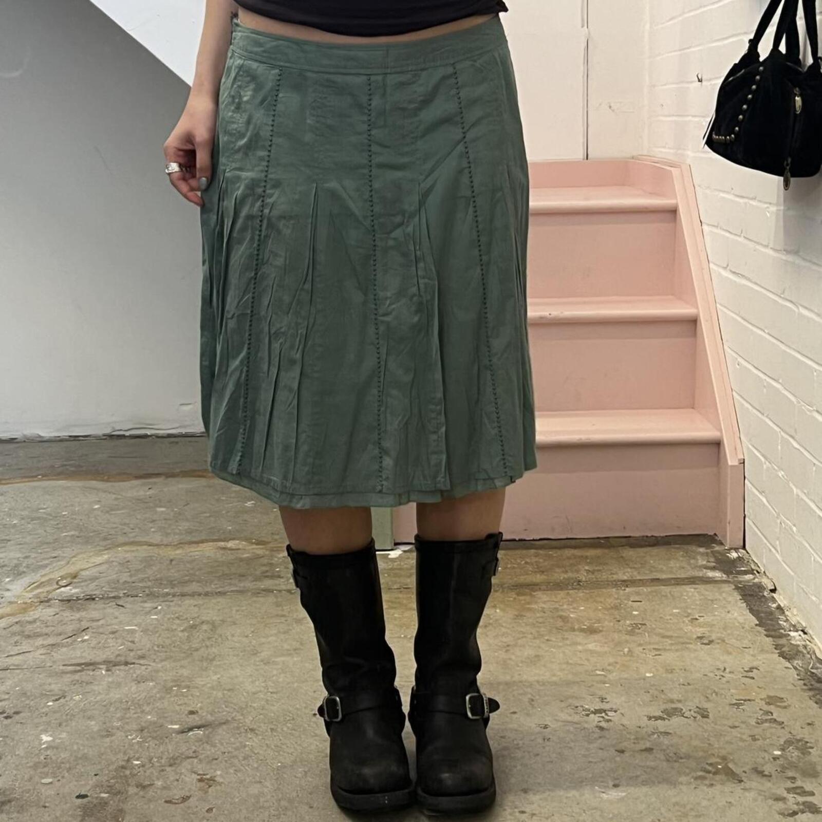 green teal pleated vintage cotton pleated midi skirt
