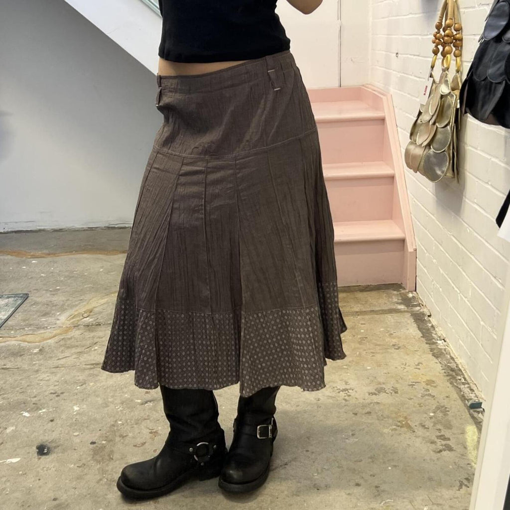Brown crinkle vintage utility style maxi skirt