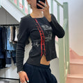 Black and red graphic print zip top