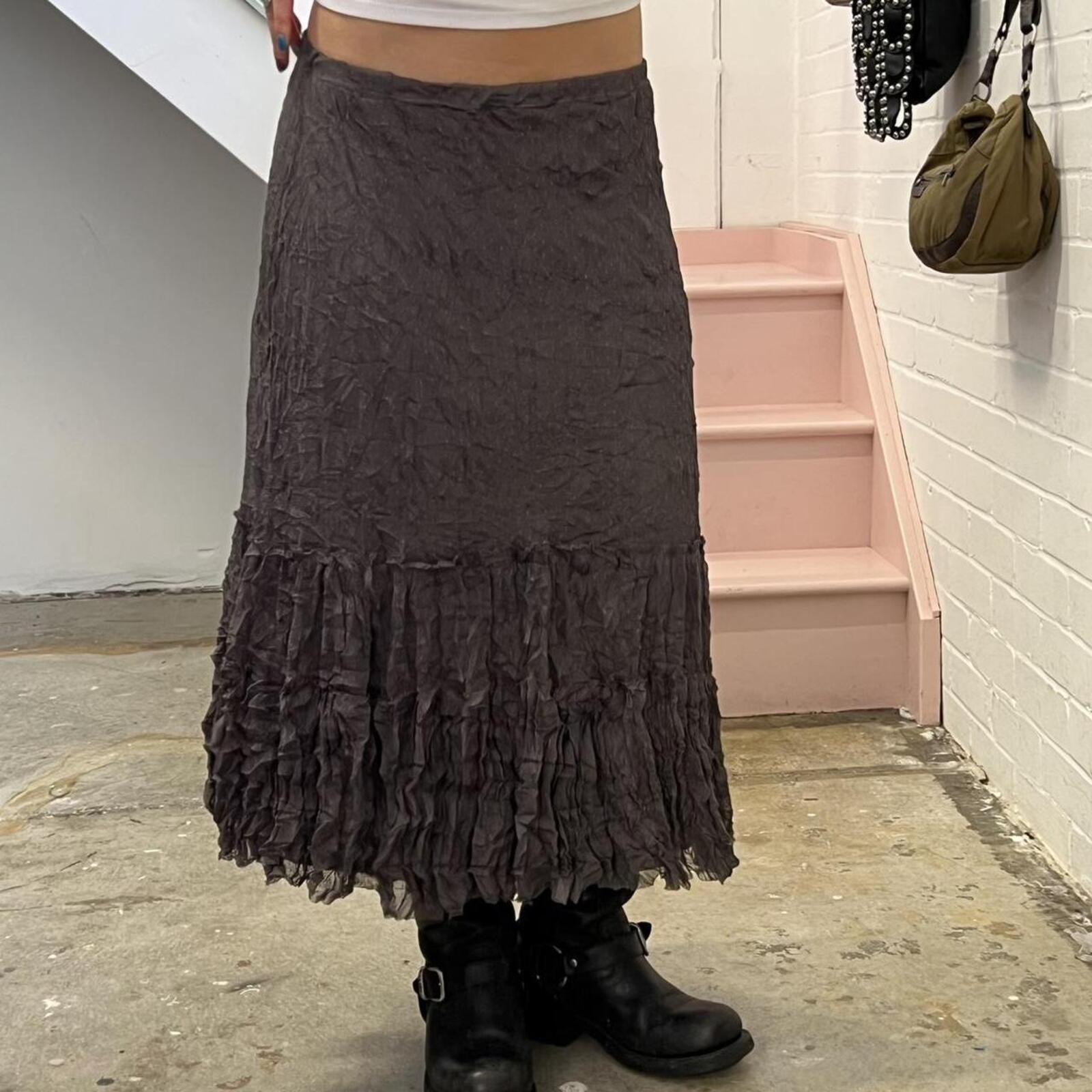 grey brown crinkle mesh vintage floaty maxi skirt