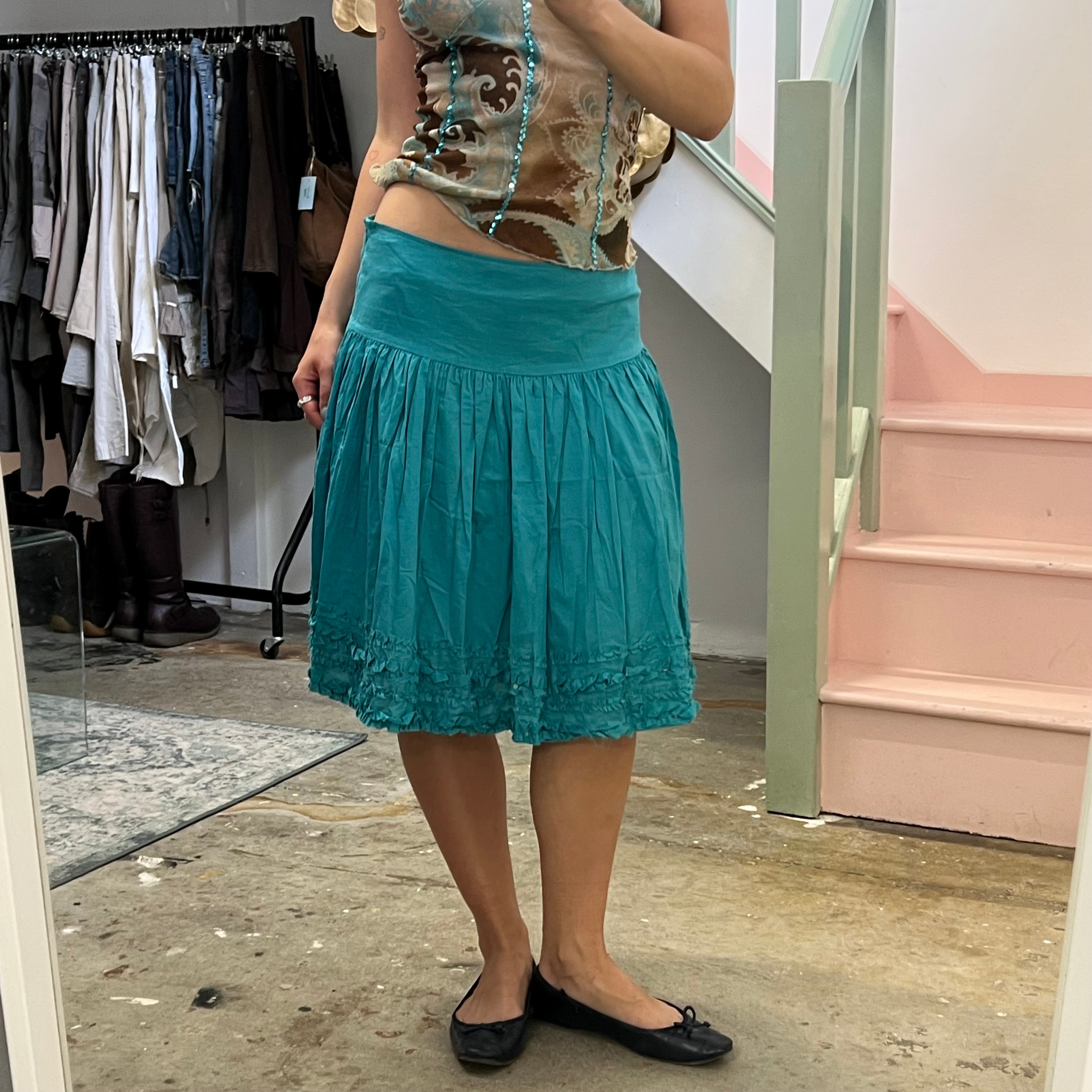 Teal turquoise pleated drop waist midi skirt