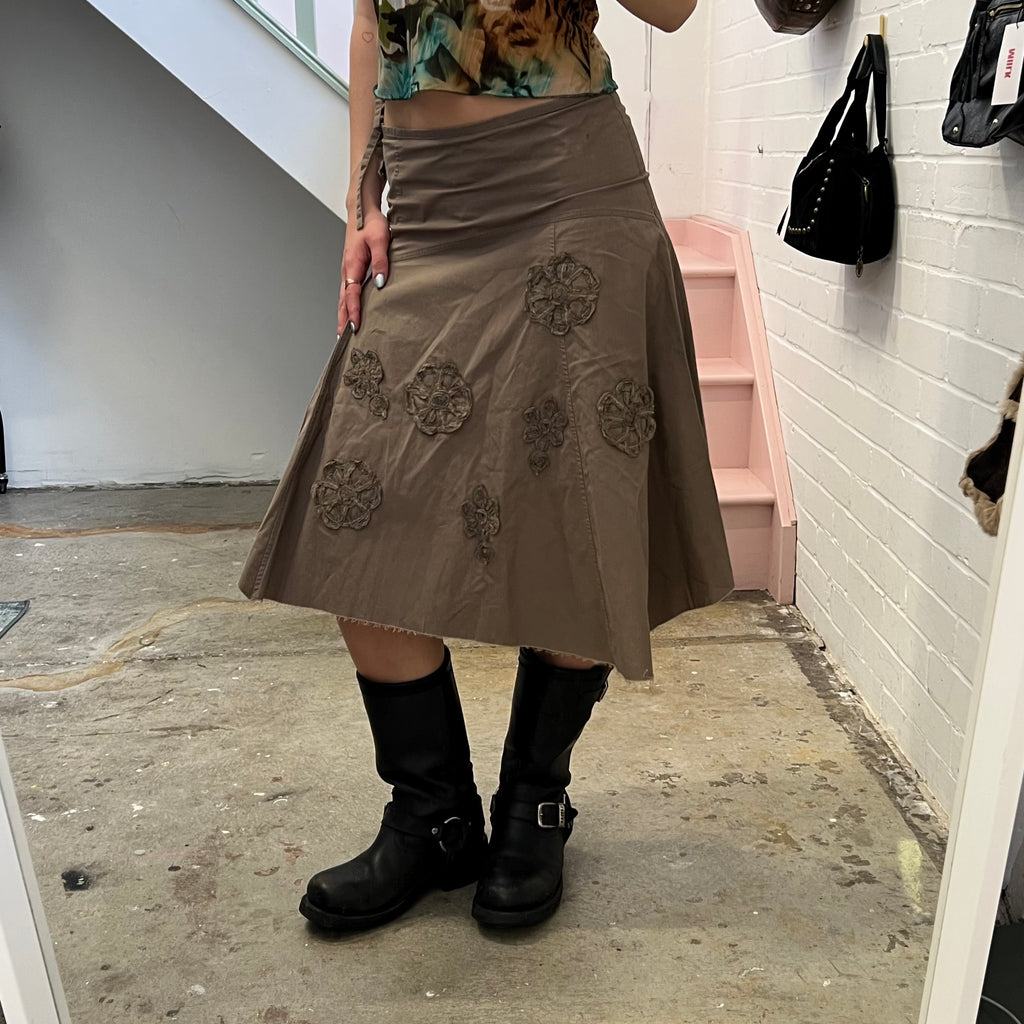 Khaki embroidered asymmetrical midi skirt
