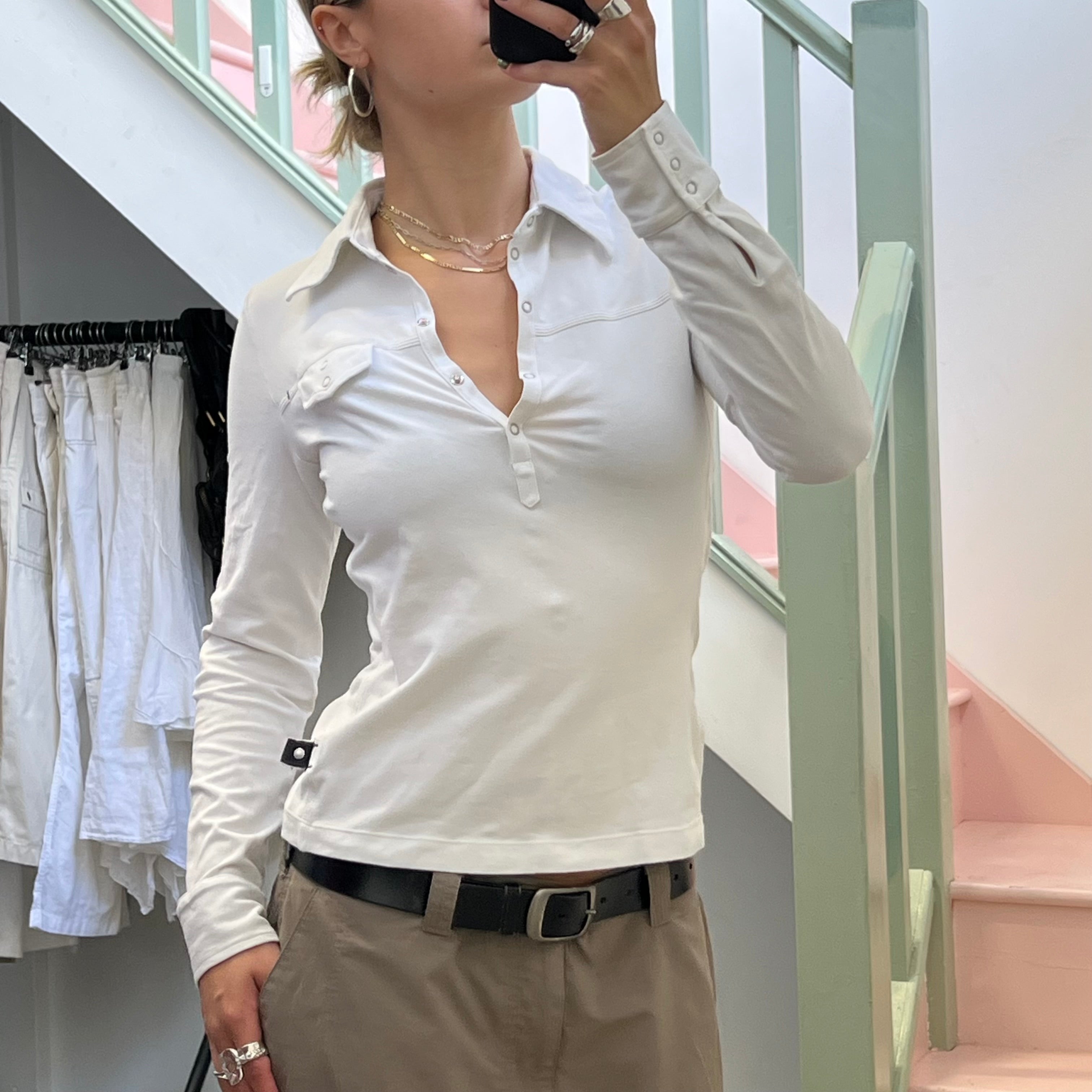 Mexx white fitted long sleeve polo shirt