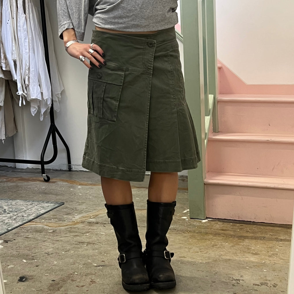 Sisley khaki pleated wrap around skirt