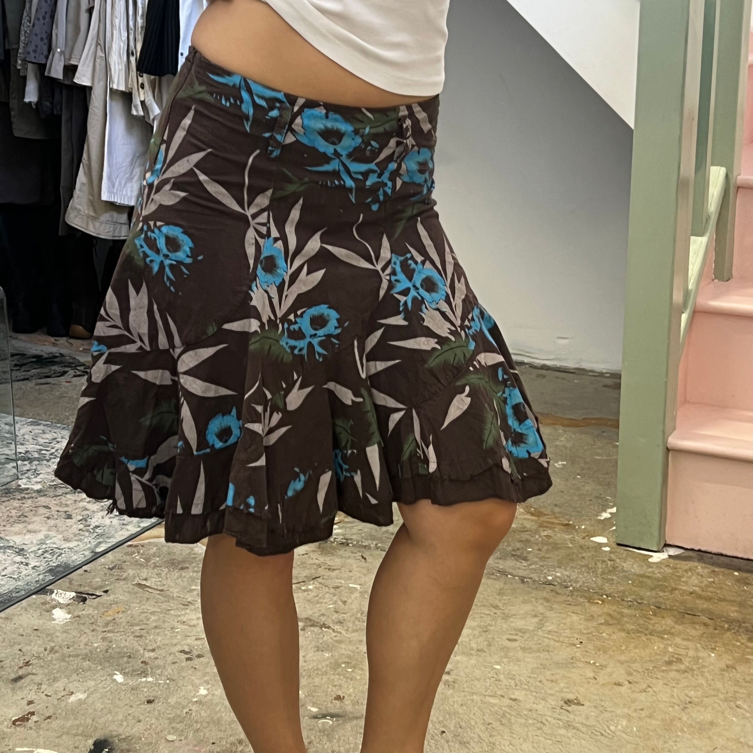 Brown blue and green floral pleated midi skirt
