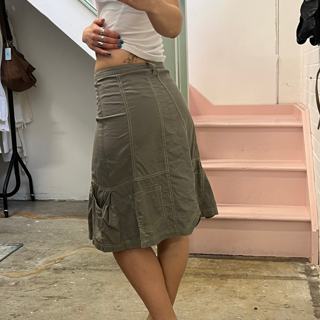 Cache pinstripe khaki cargo midi skirt