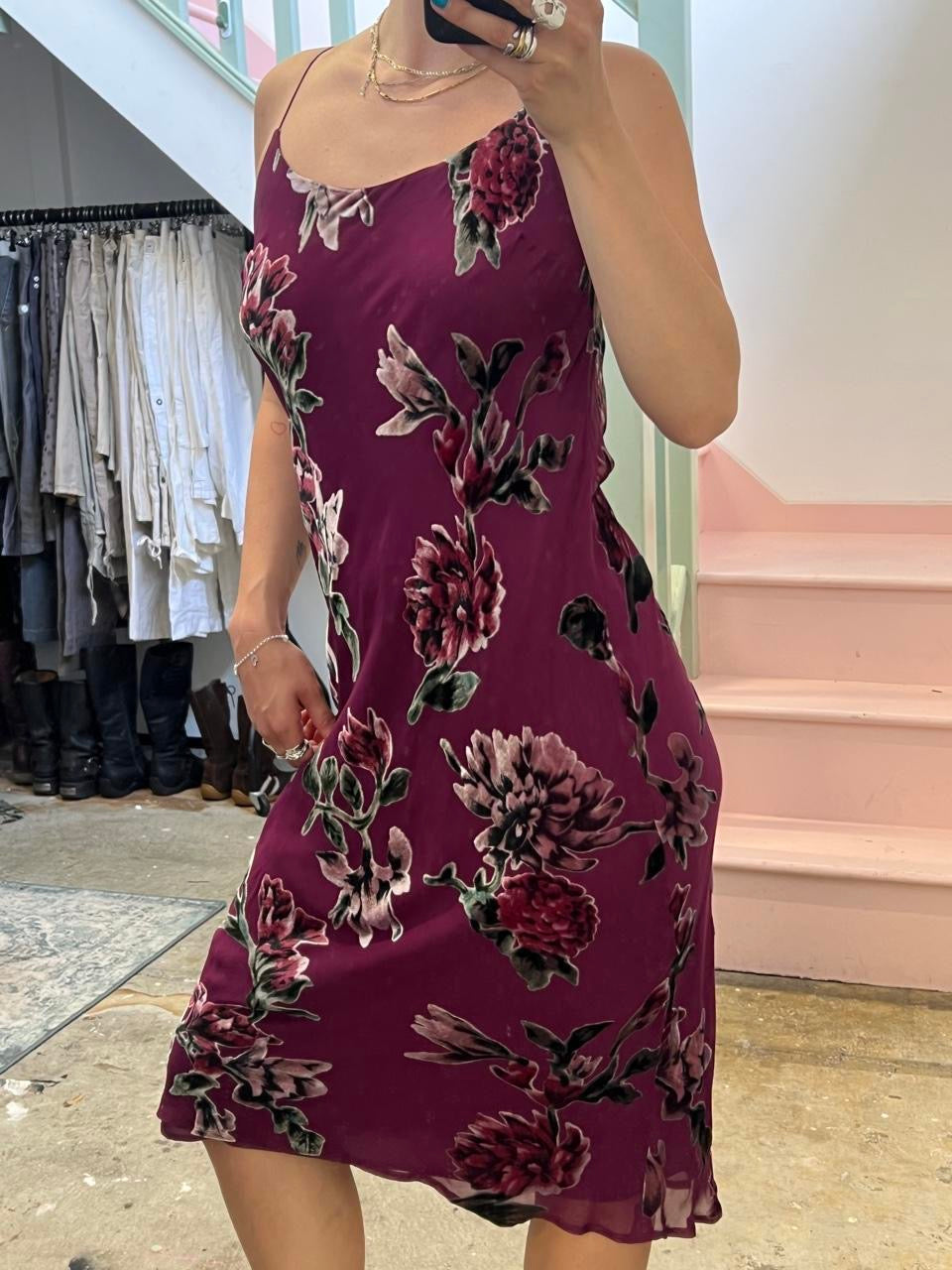 East purple floral silk slip dress