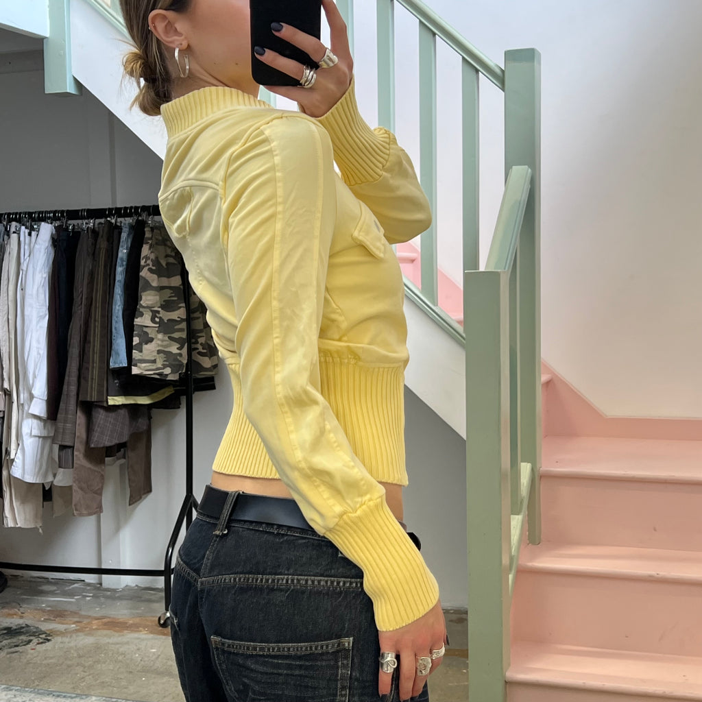 Yellow fitted button up bomber jacket