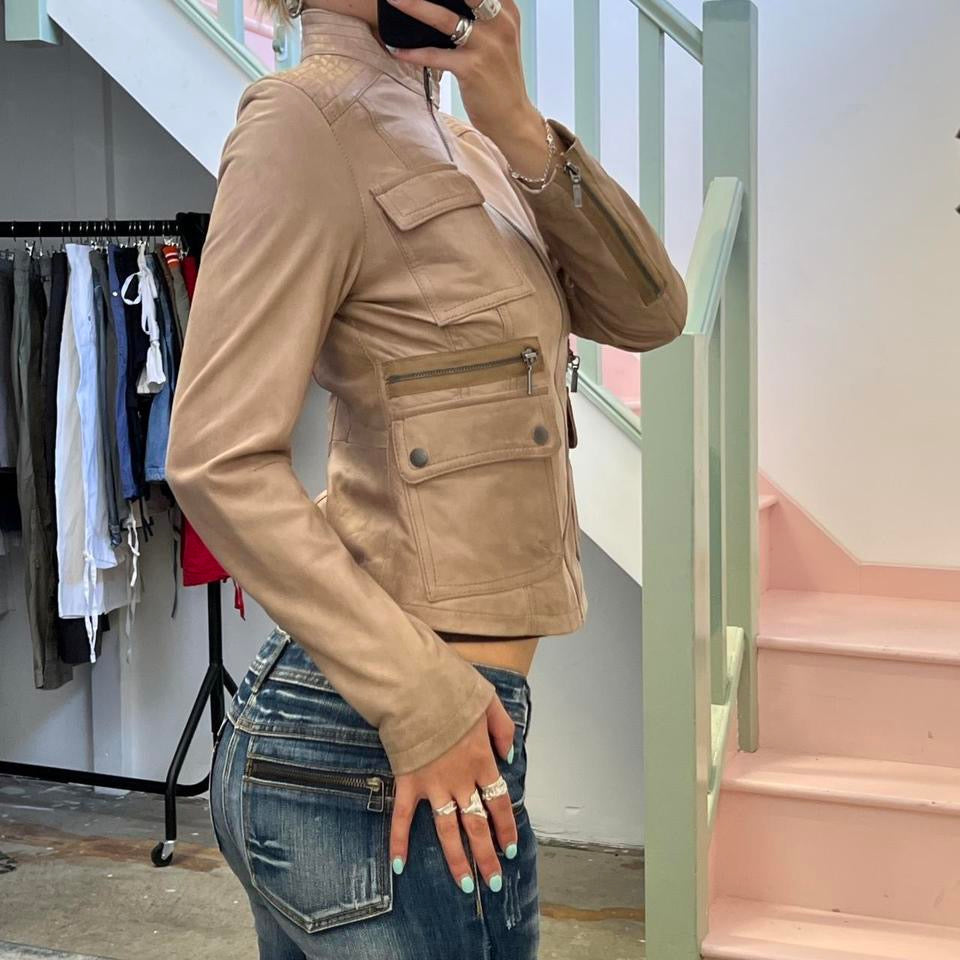 Light brown tan fitted zip up leather biker jacket