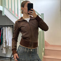 Brown leather bomber jacket