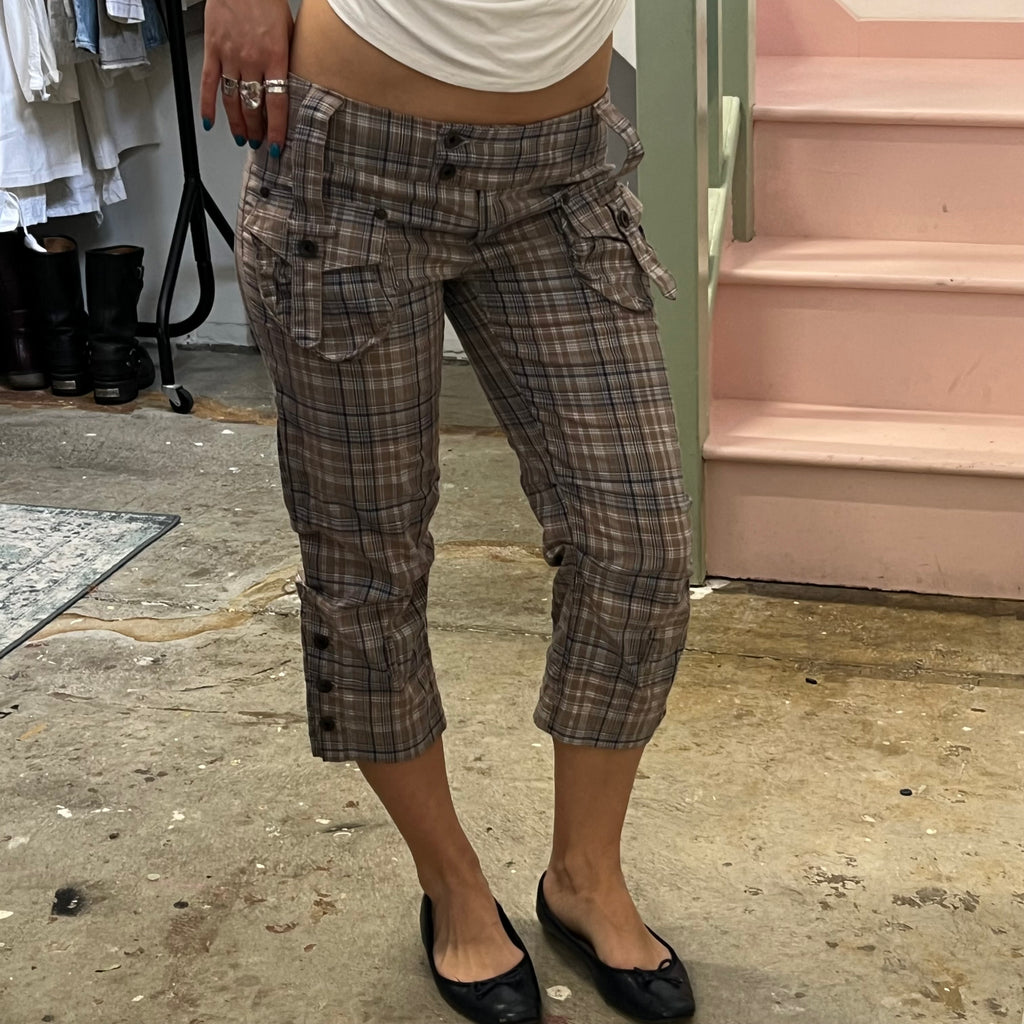 Brown checkered slim fit tailored capris