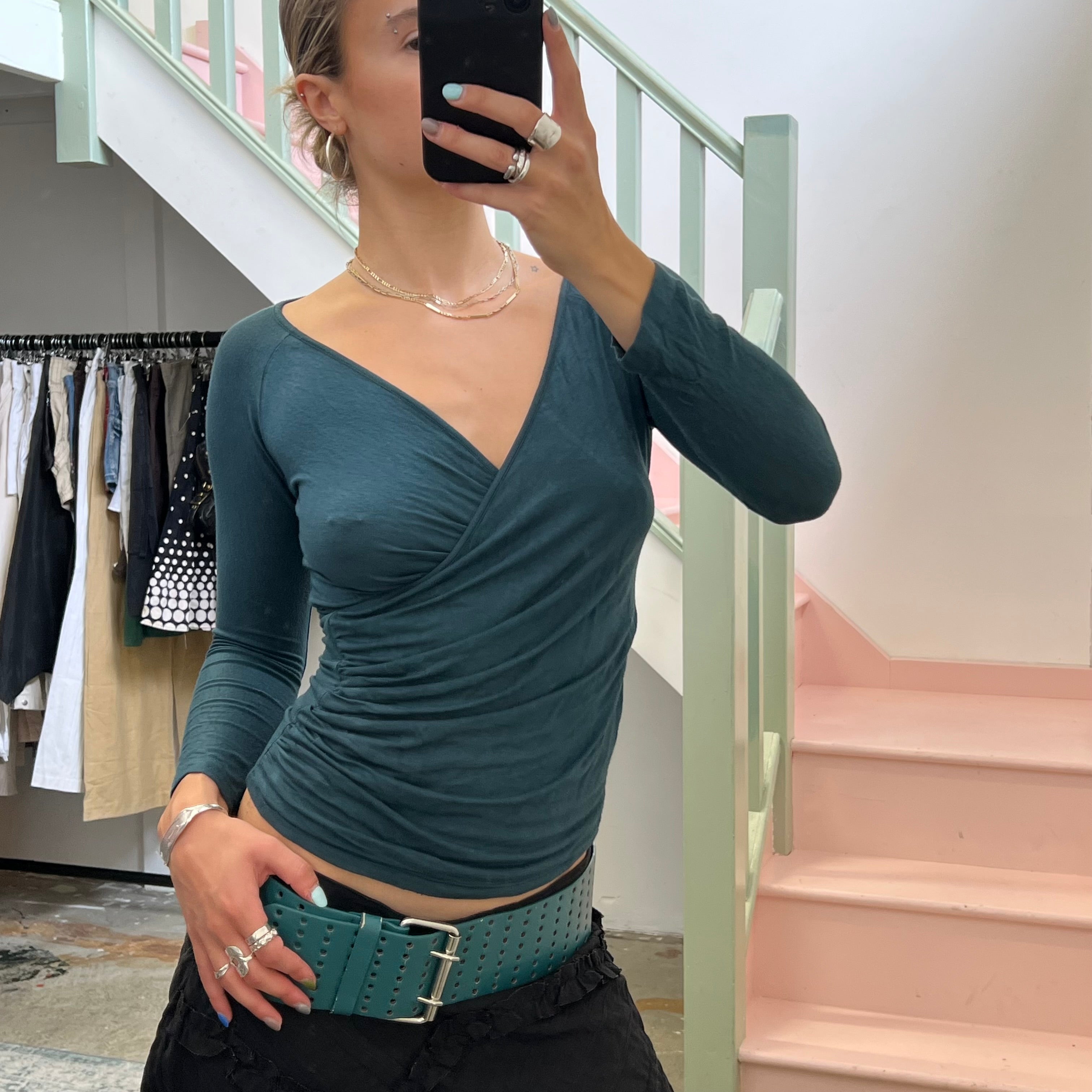 Teal v neck slouchy top
