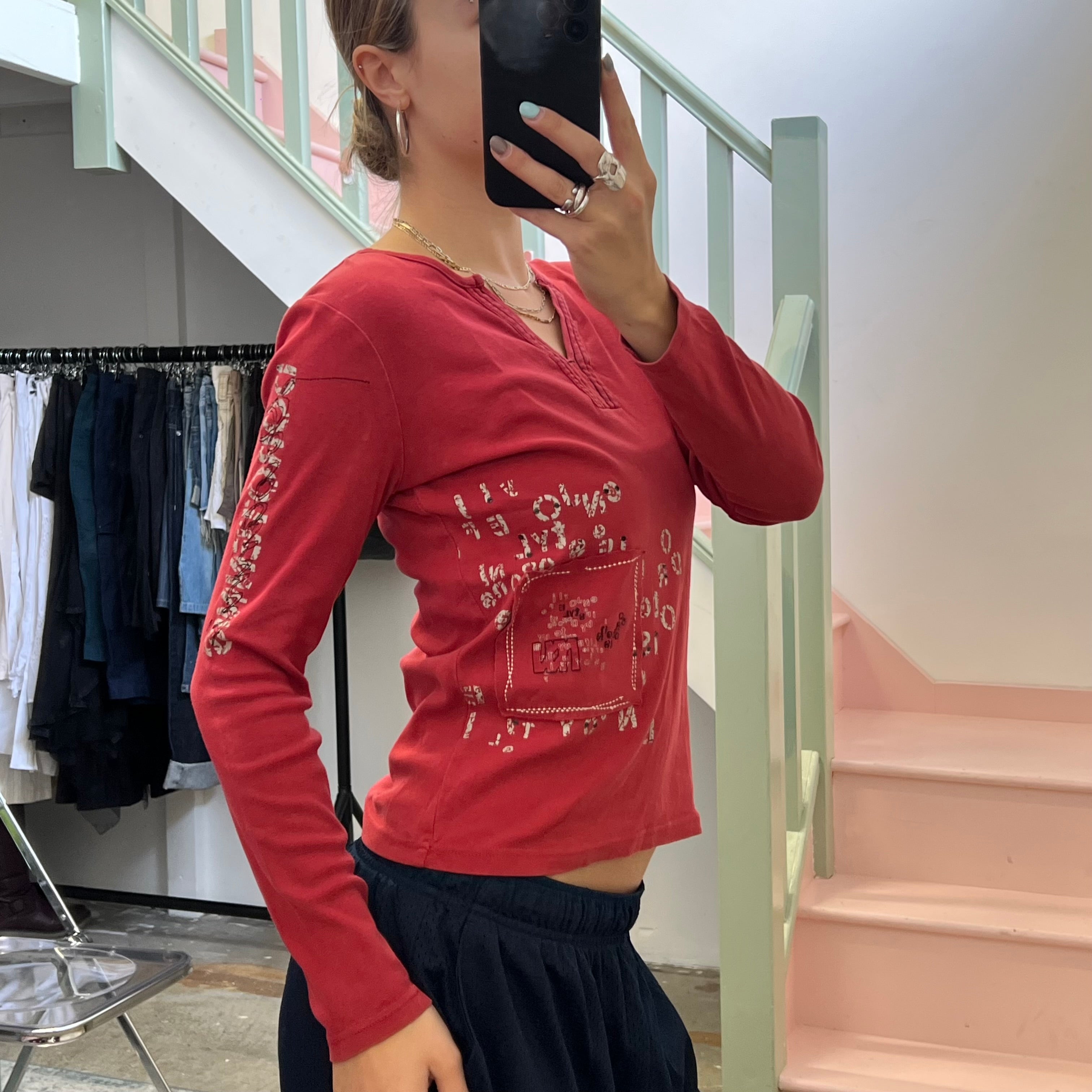 Red printed v neck top