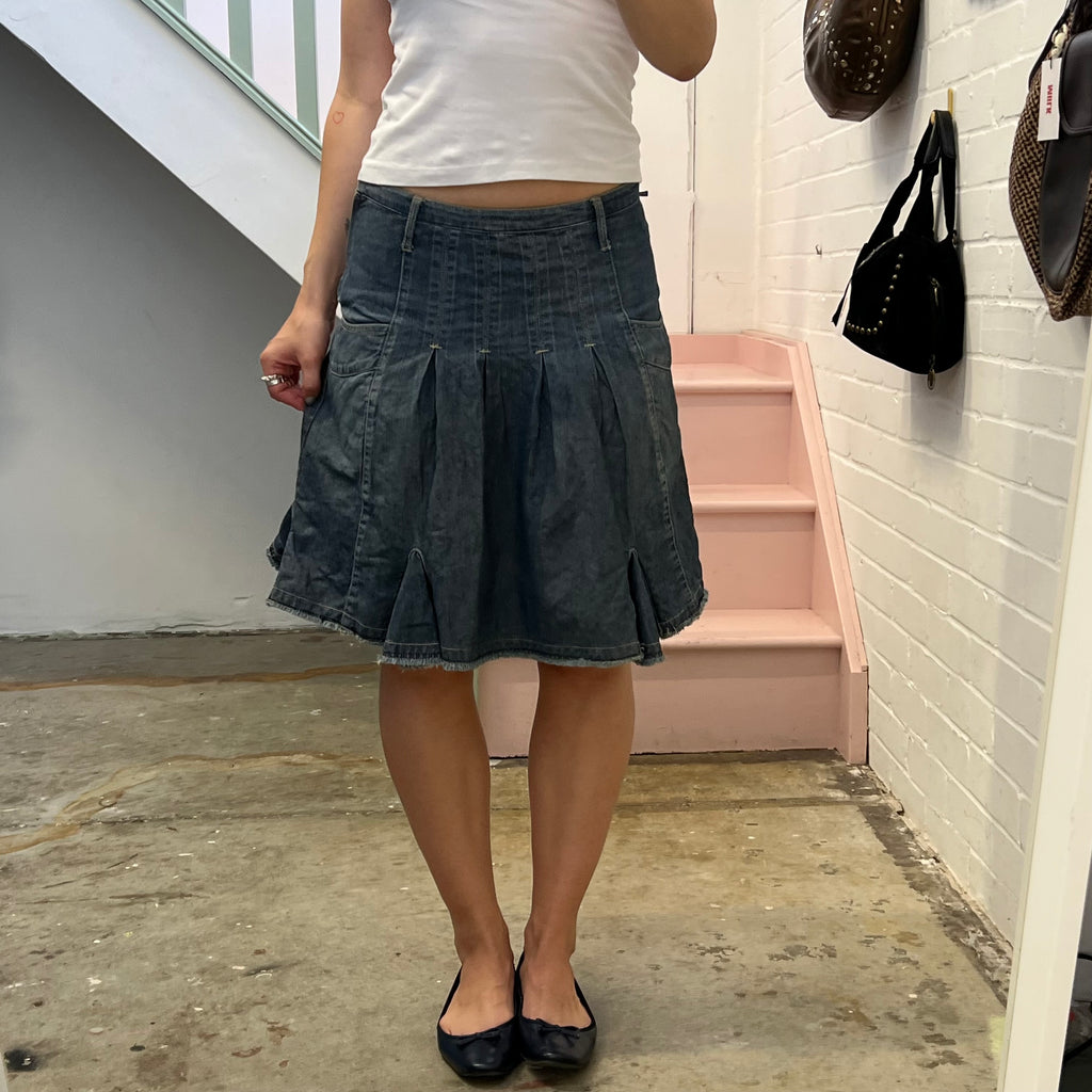Dark denim pleated midi skirt