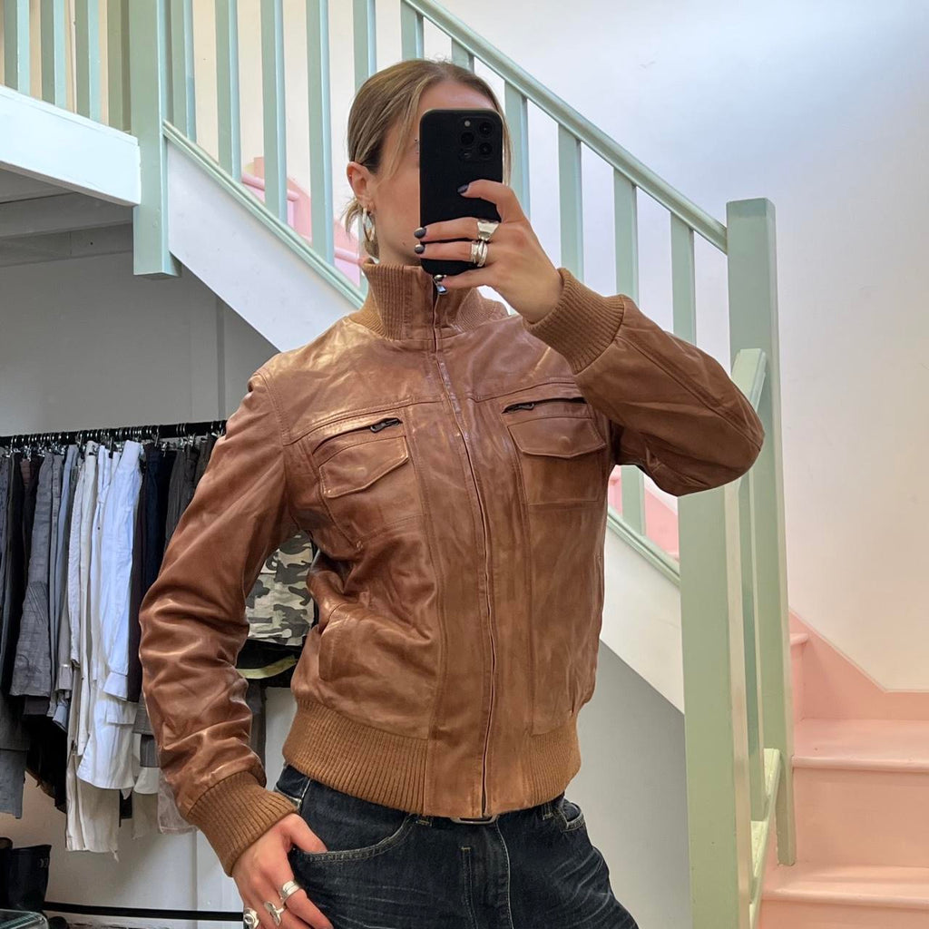 Brown zip up leather bomber jacket