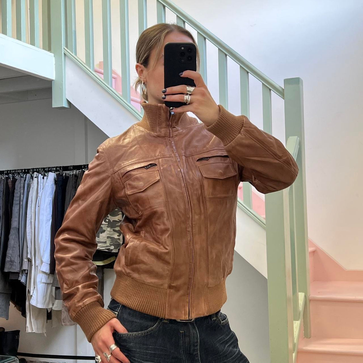 Brown zip up leather bomber jacket