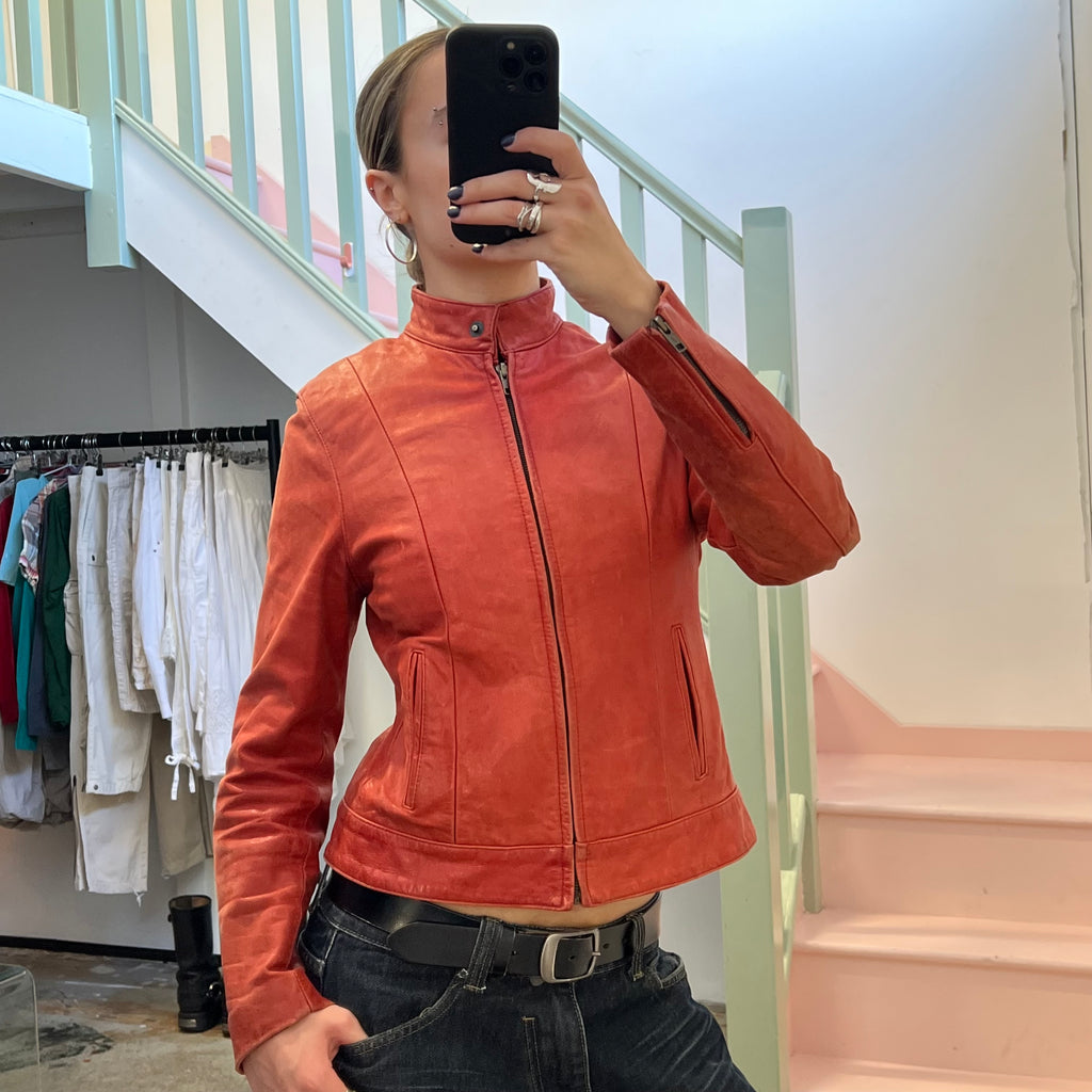 Red zip up leather jacket