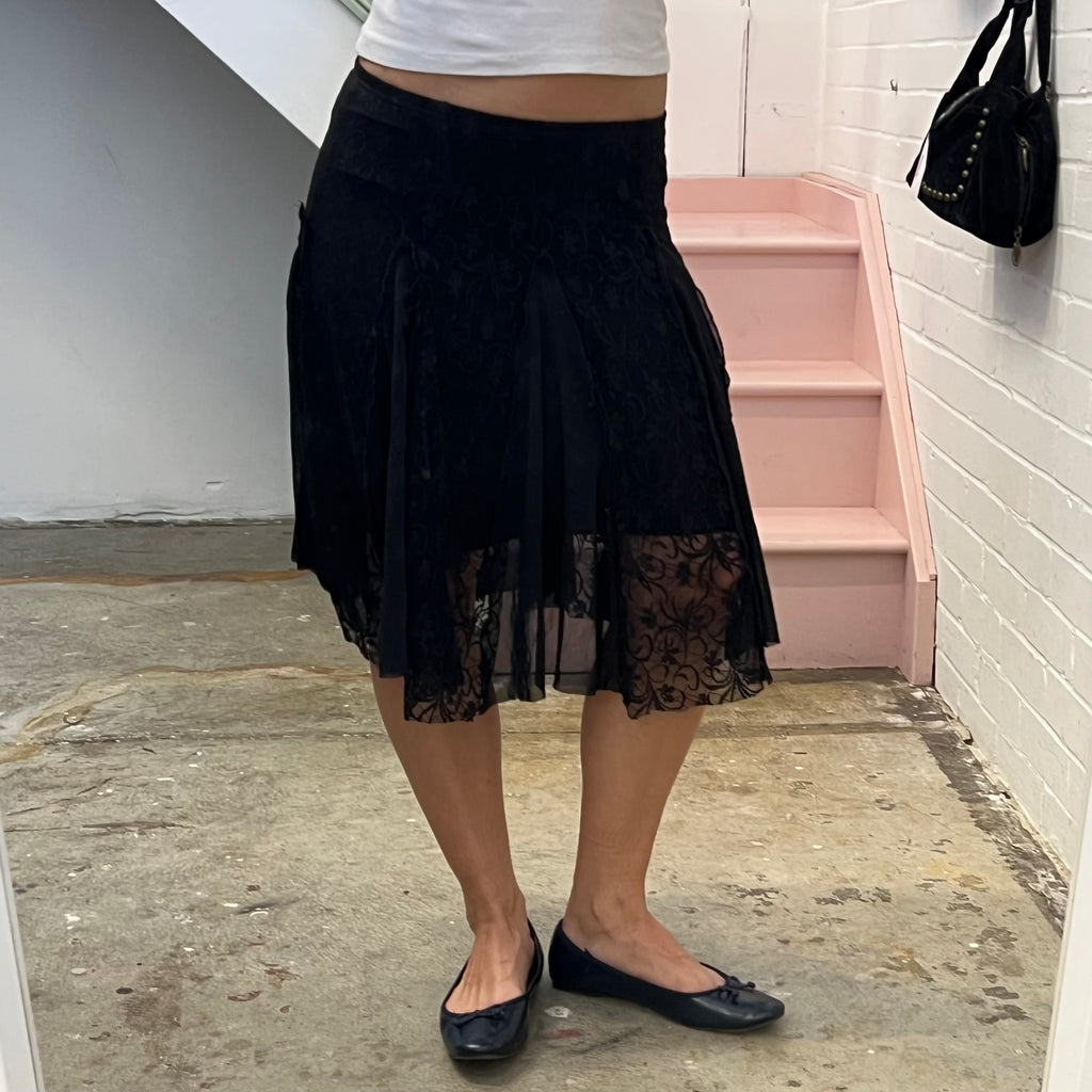 Black lace sheer floaty midi skirt