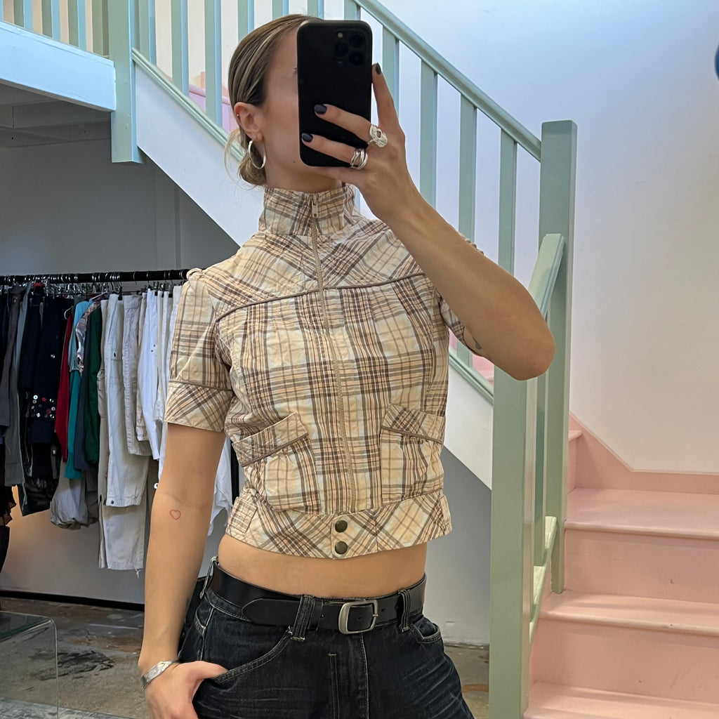 Cream and brown check short sleeve utility jacket
