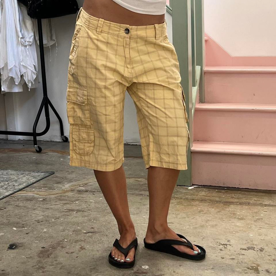 Cream checkered cargo shorts