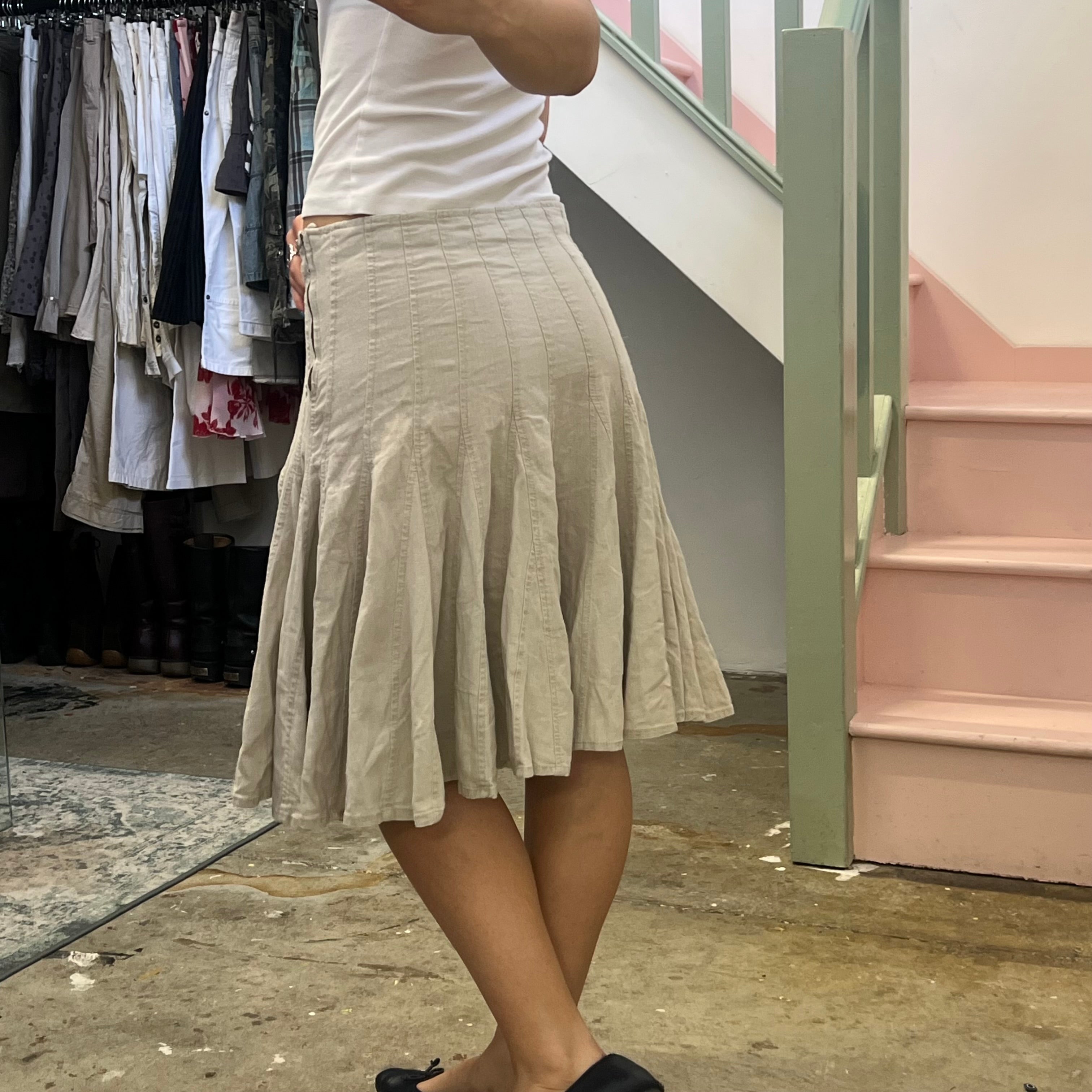 Cream pleated linen midi skirt